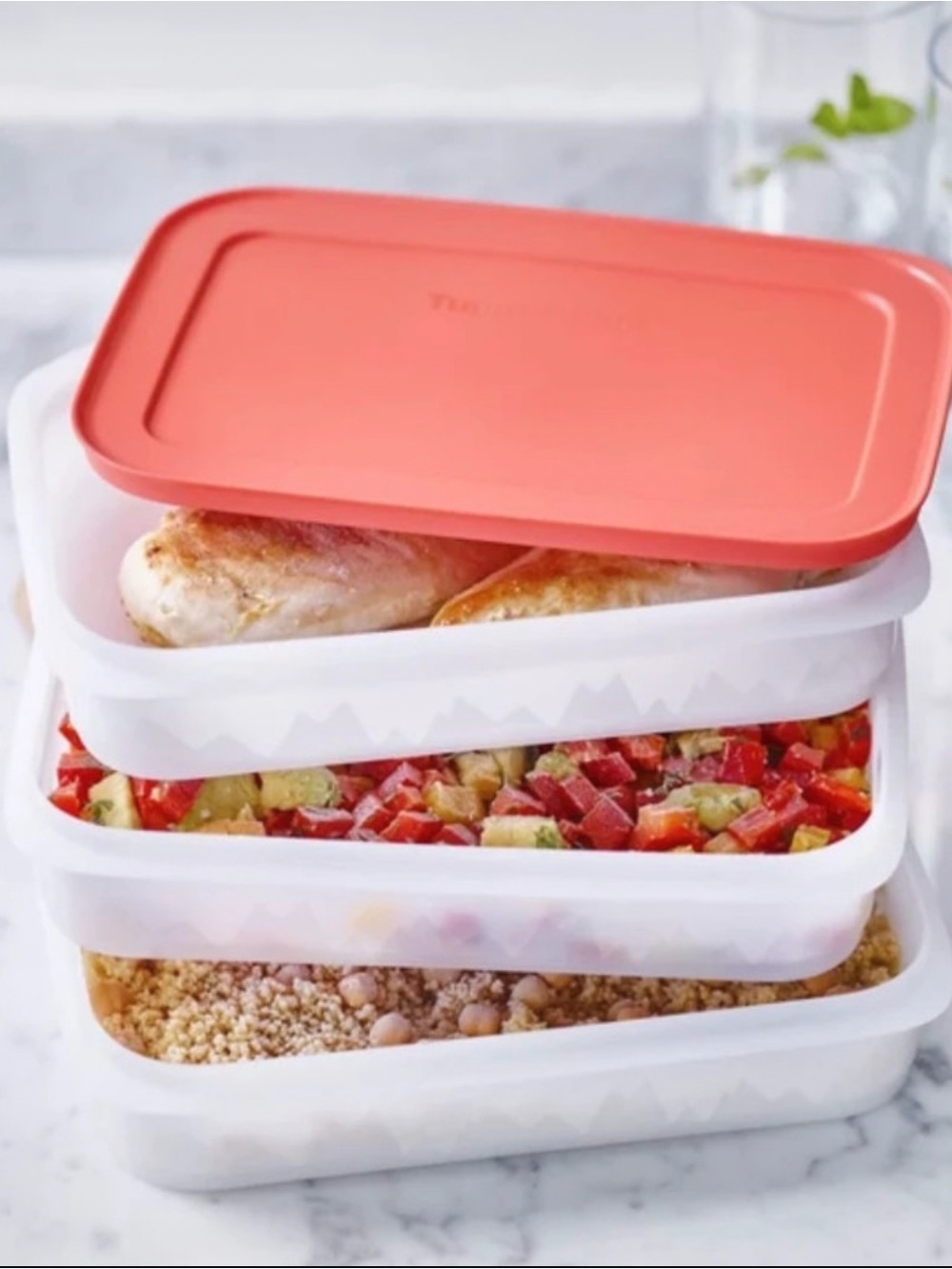 Tupperware Stackable Meal Prep Set with Coral Lid and White Bases